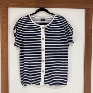 Vintage Striped Button Front Top Womens USA Medium Navy White Gold Nautical